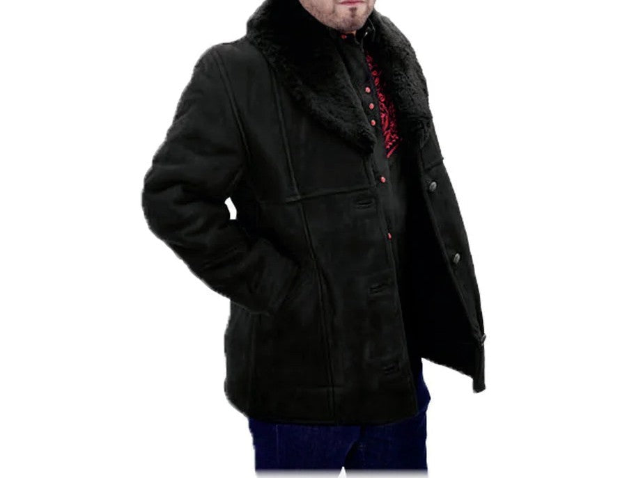 Men’s Black Sheepskin Leather Jacket Cowboy – Warm Faux Fur Collar Coat, Winter Long Jacket, Casual Western Style Outerwear - S