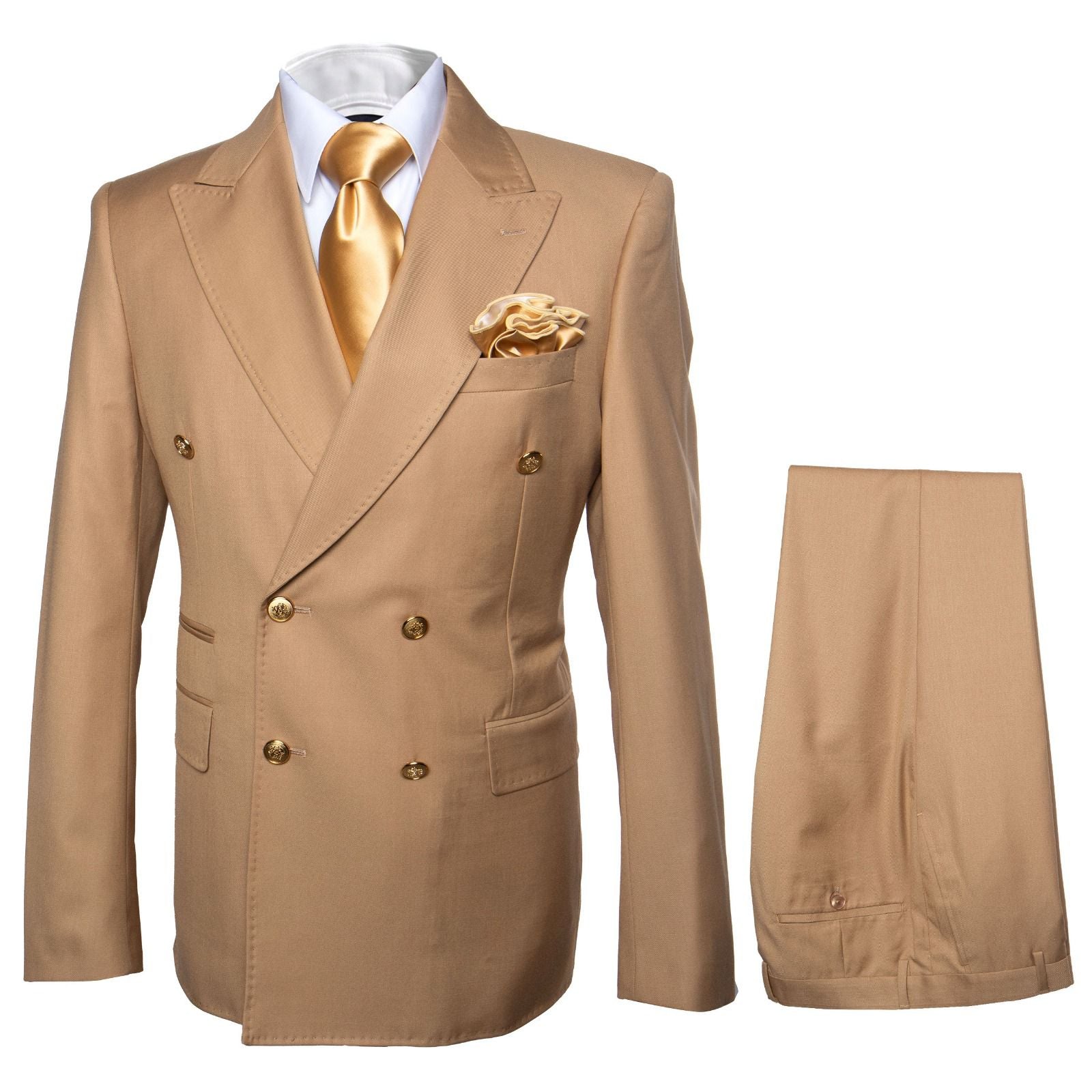 Mens Camel - Bronze - Goldish khaki Double-Breasted Suit – Luxury 2-Piece Formal Set with Gold Buttons and Peak Lapels by Rossi Man - 34 Short or Extra Small