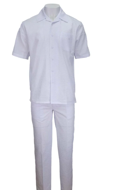Mens White Seersucker Walking Suit Set – Casual Summer Short Sleeve Outfit with Matching Pants Lightweight Two Piece Set - S