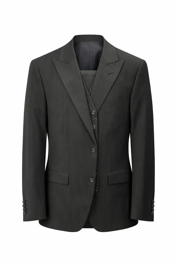 Vitali Mens Black Tone on Tone Shadow Stripe Vested Suit Set – 3 Piece Modern Fit Pinstripe Two Buttons