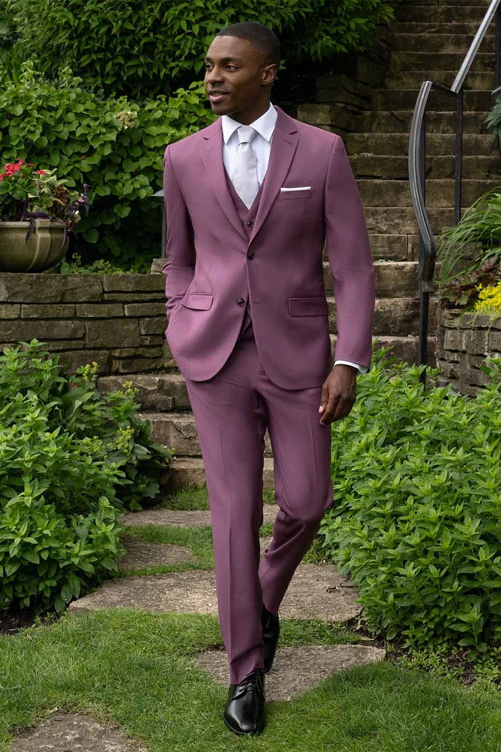 Men’s Mauve Three-Piece Suit – Slim Fit Formal Blazer, Vest, and Trousers for Weddings Rose Gold Pinkish Color - 34 Short or Extra Small