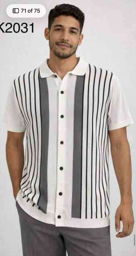 Mens White and Charcoal Gray Stripe Walking Suit Set – Short Sleeve Button Shirt and Pants Casual Summer Outfit for Travel, Vacation and Everyday Wear - S