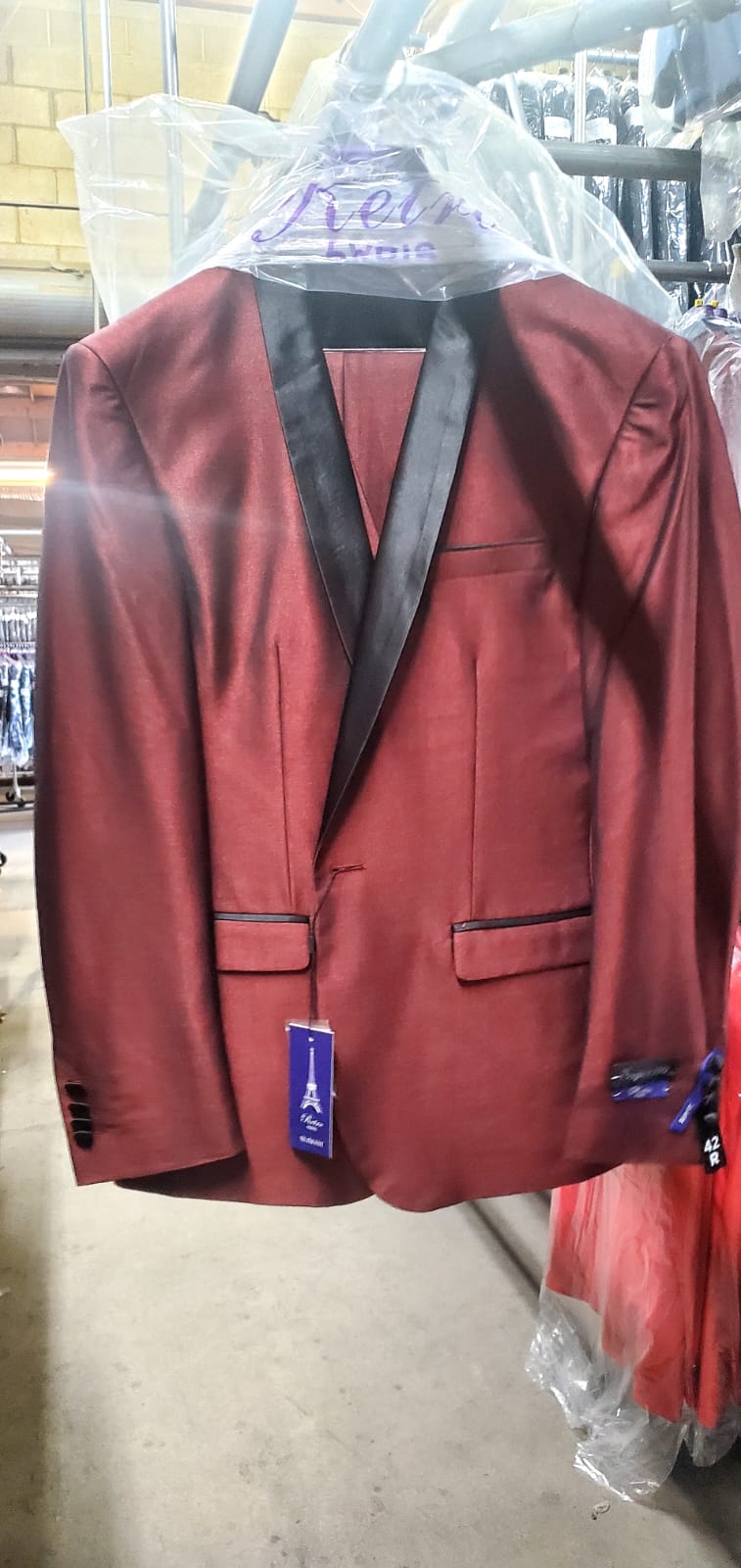 Mens Shiny Burgundy Satin Tuxedo Jacket with Black Shawl Lapel | Formal Wedding & Prom Blazer - Sharkskin Fabric - 34 Short or Extra Small