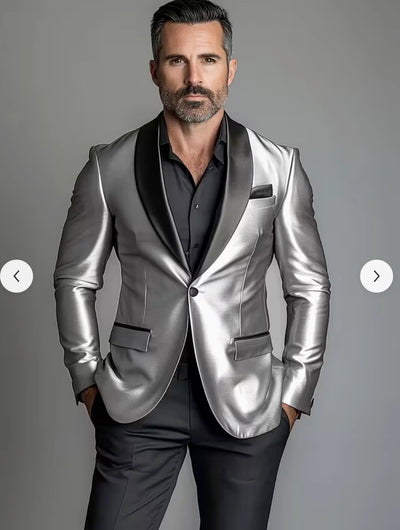 Mens Shiny Silver Blazer with Black Lapel Luxury Metallic Formal Jacket for Party, Evening and Special Events