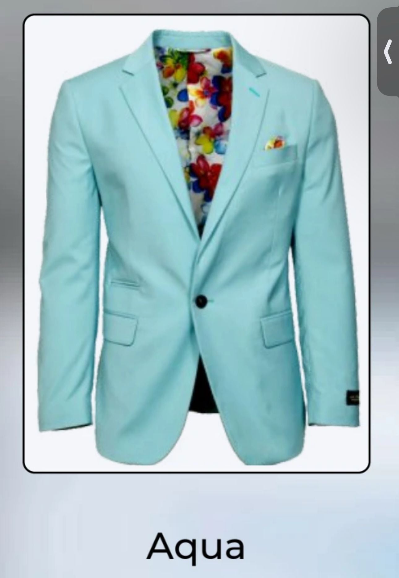Mens Aqua Blazer Slim Fit One Button Suit Jacket with Stylish Floral Inner Lining - Light Turquoise - 34 Short