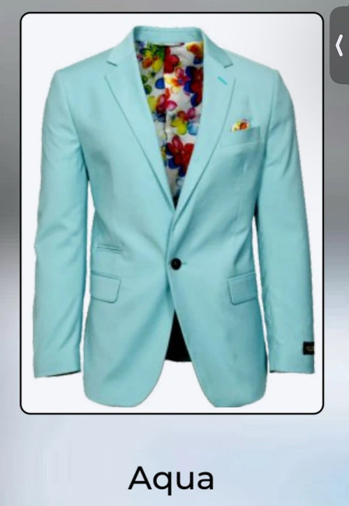 Mens Aqua Blazer Slim Fit One Button Suit Jacket with Stylish Floral Inner Lining - Light Turquoise