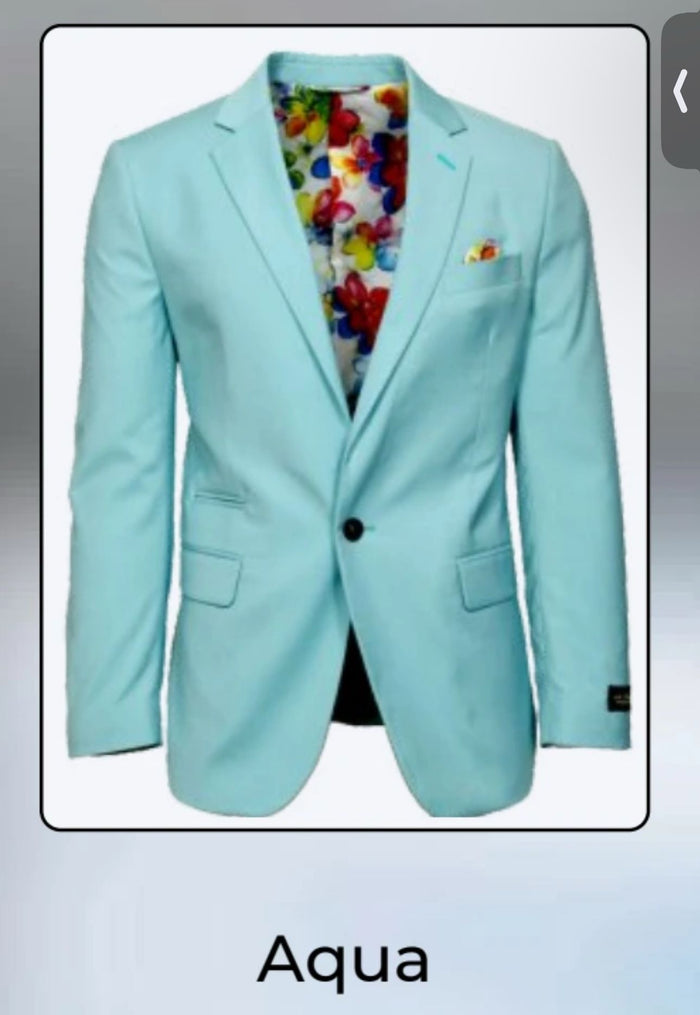 Mens Aqua Blazer Slim Fit One Button Suit Jacket with Stylish Floral Inner Lining - Light Turquoise