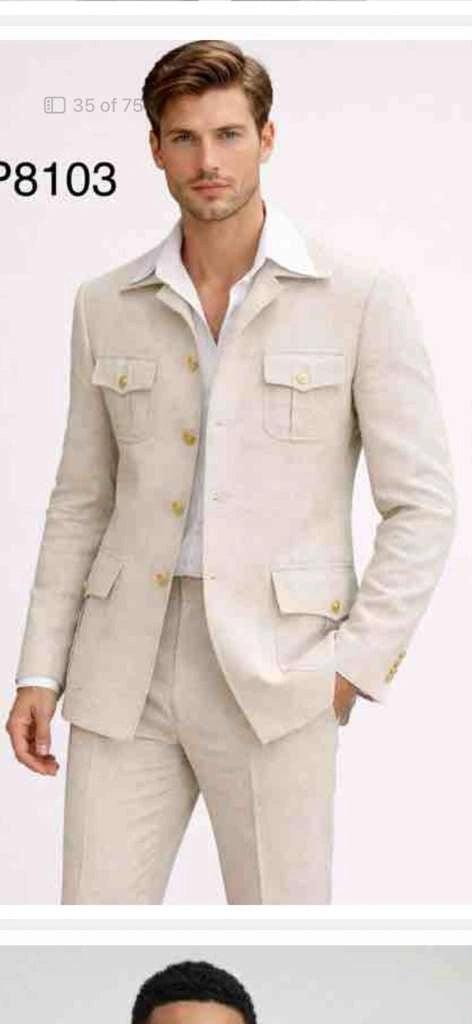 Mens Tan Beige Safari Military Walking Suit Set – Casual Two Piece Outfit Lightweight Summer Blazer and Pants Set Classic Casual Wear - 34 Short or Extra Small