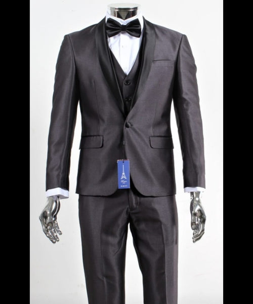Mes Shiny Sateen Charcoal Gray Tuxedo 3 Piece Suit with Black Shawl Lapel | Formal Wedding Prom Suit Sharkskin