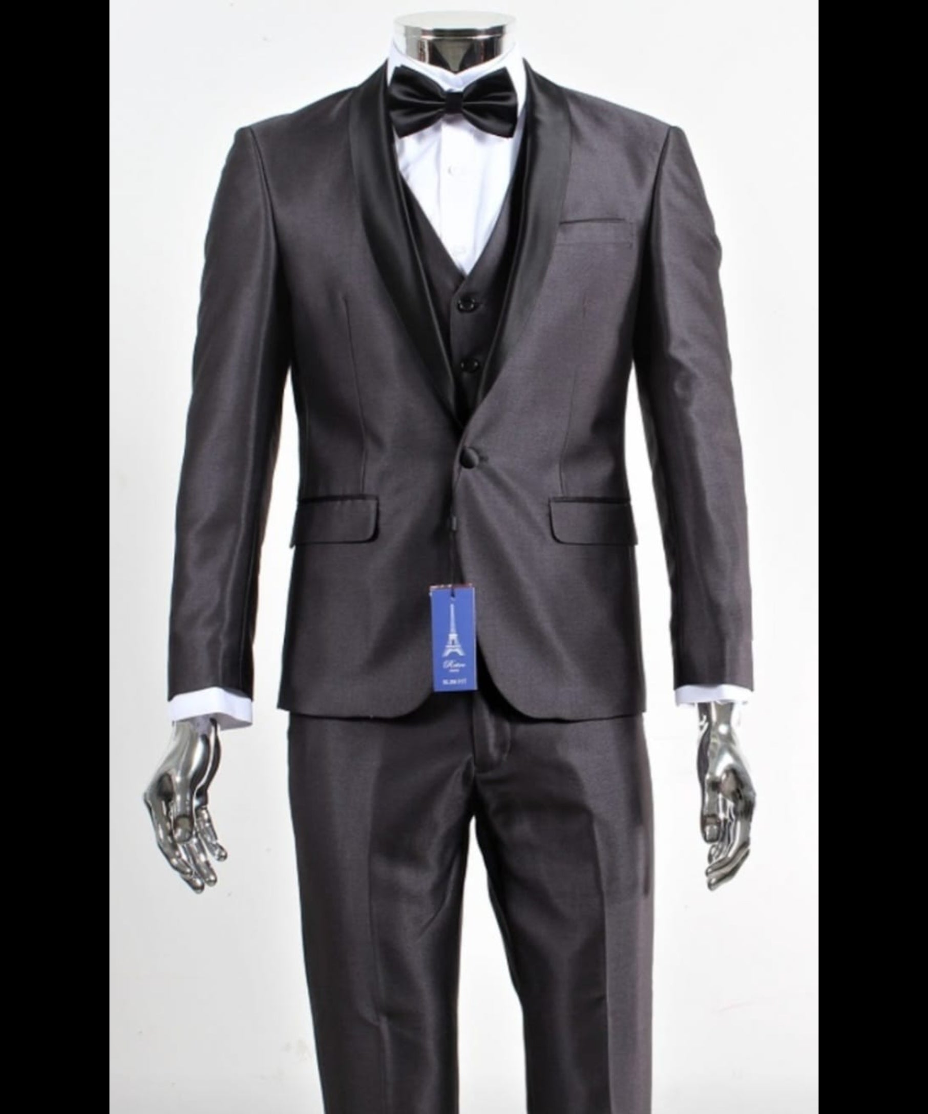 Mes Shiny Sateen Charcoal Gray Tuxedo 3 Piece Suit with Black Shawl Lapel | Formal Wedding Prom Suit Sharkskin
