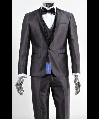 Mes Shiny Sateen Charcoal Gray Tuxedo 3 Piece Suit with Black Shawl Lapel | Formal Wedding Prom Suit Sharkskin