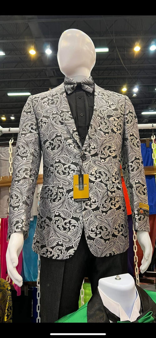 Mens Black and Silver Paisley Tuxedo Jacket â€“ Slim Fit Dinner Blazer with Matching Bow Tie with Black Pants