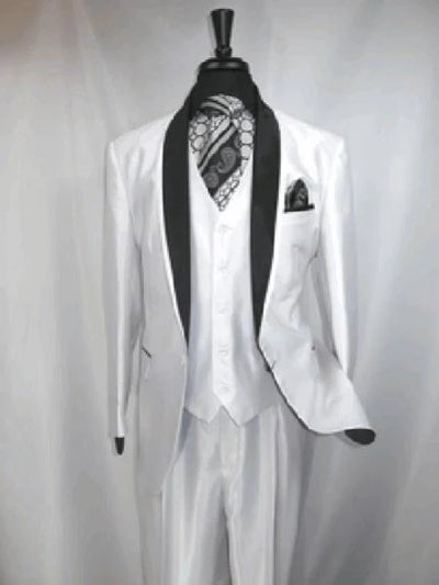 Mens White Shiny Flashy Fabric Tuxedo Suit with Black Shawl Lapel | Luxury Formal Wedding and Evening Suit Sharkskin Metallic Fabric