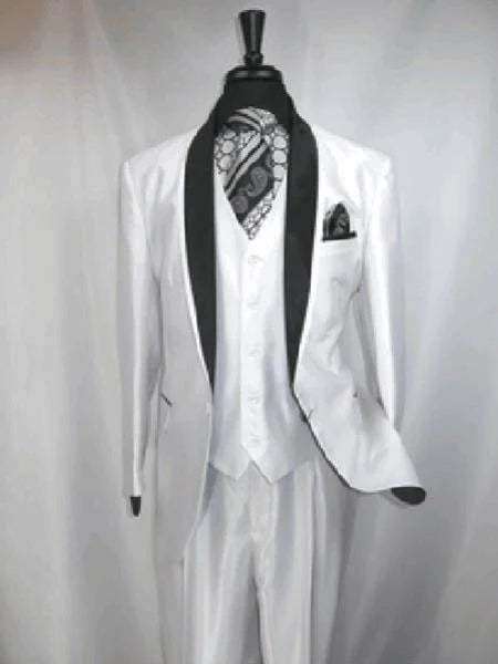 Mens White Shiny Flashy Fabric Tuxedo Suit with Black Shawl Lapel | Luxury Formal Wedding and Evening Suit Sharkskin Metallic Fabric