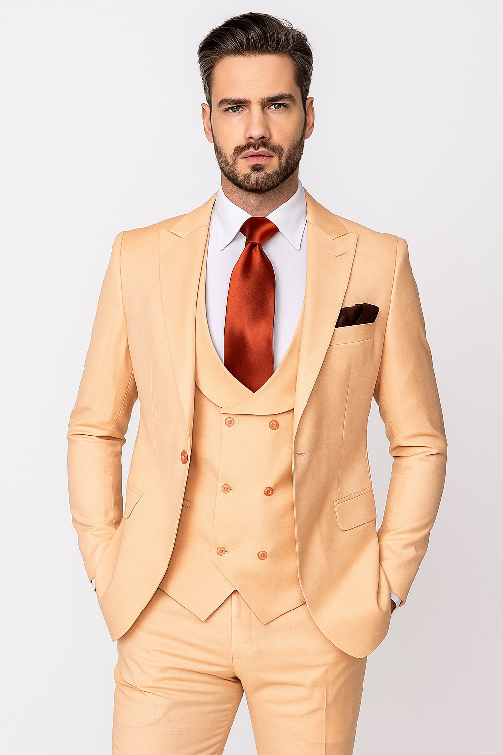 Mens Peach 3-Piece Suit â€“ Double-Breasted Vest, Notch Lapel Blazer, Slim Fit Dress Pants - 34 Short or Extra Small