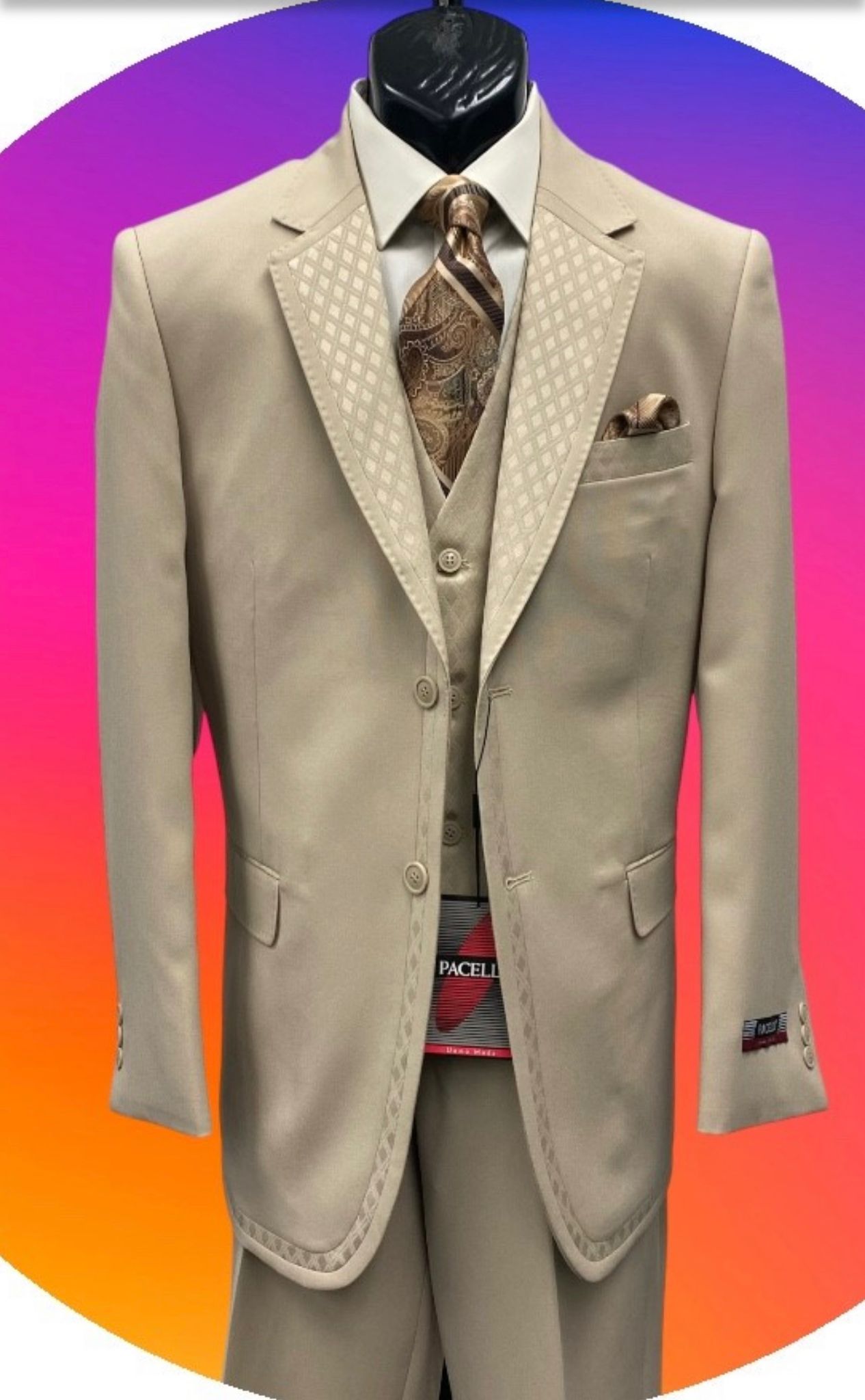 Men’s Tan Beige 3 Piece Tuxedo Suit – Beige Formal Suit Set with Vest, Patterned Lapel and Tie for Wedding, Prom in Tan Khaki Color - 34 Short or Extra Small
