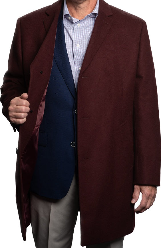 Mens Burgundy Wool and Cashmere Car Coat Classic Winter Topcoat for Business and Formal Wear