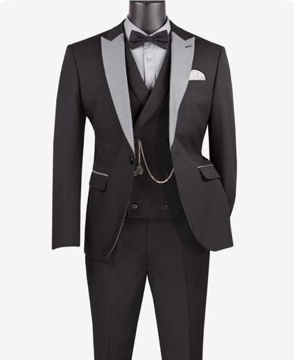 Mens Black And White Lapel 3 Piece Tuxedo Suit with Silver Gray Satin Lapel | Formal Wedding Prom Suit Set - 38 Short Jacket+32 Waist Adjustable 28to34)(Height: 5 4 to5 7 )(Neck  15-16.5)S-M)