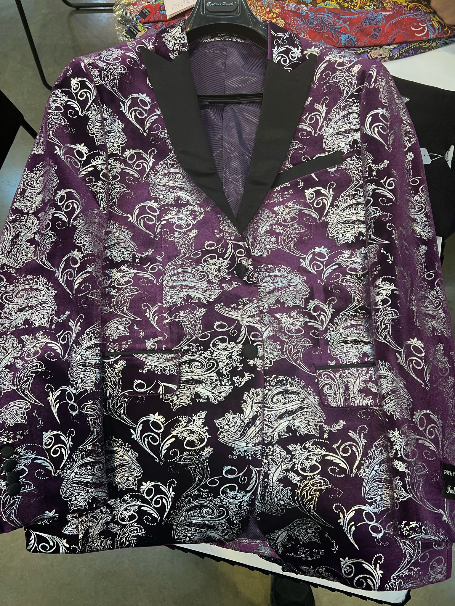 Mens Purple and White Paisley Floral Brocade Tuxedo Jacket - Suit with Satin Lapel Wtih Black Pants - 34 Short or Extra Small