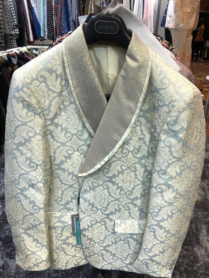 Mens Champaign Silver and Cream Embroidered Luxury Blazer Floral Pattern Wedding & Party Dinner Jacket in Light Tan Color