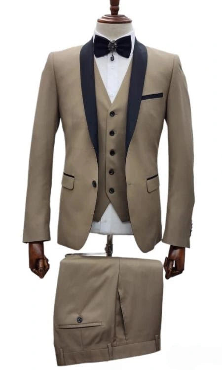 Mens Western Cowboy Suit 3-Piece Tan Tuxedo with Black Lapel, Vest, and Pants Beige  Color
