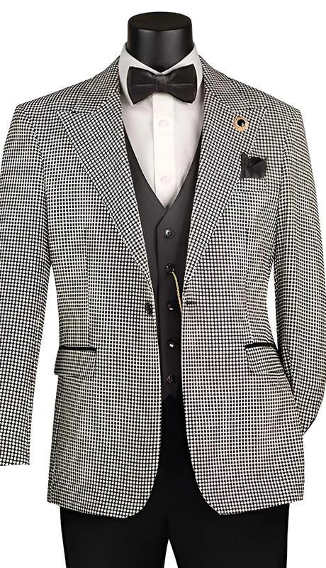 Men’s Black and White Houndstooth Gatsby Inspired Suit – Vintage Style Formal Suit for Wedding, Prom and Classic Events Blazer + Black vest + Black Pants - 34 Short or Extra Small