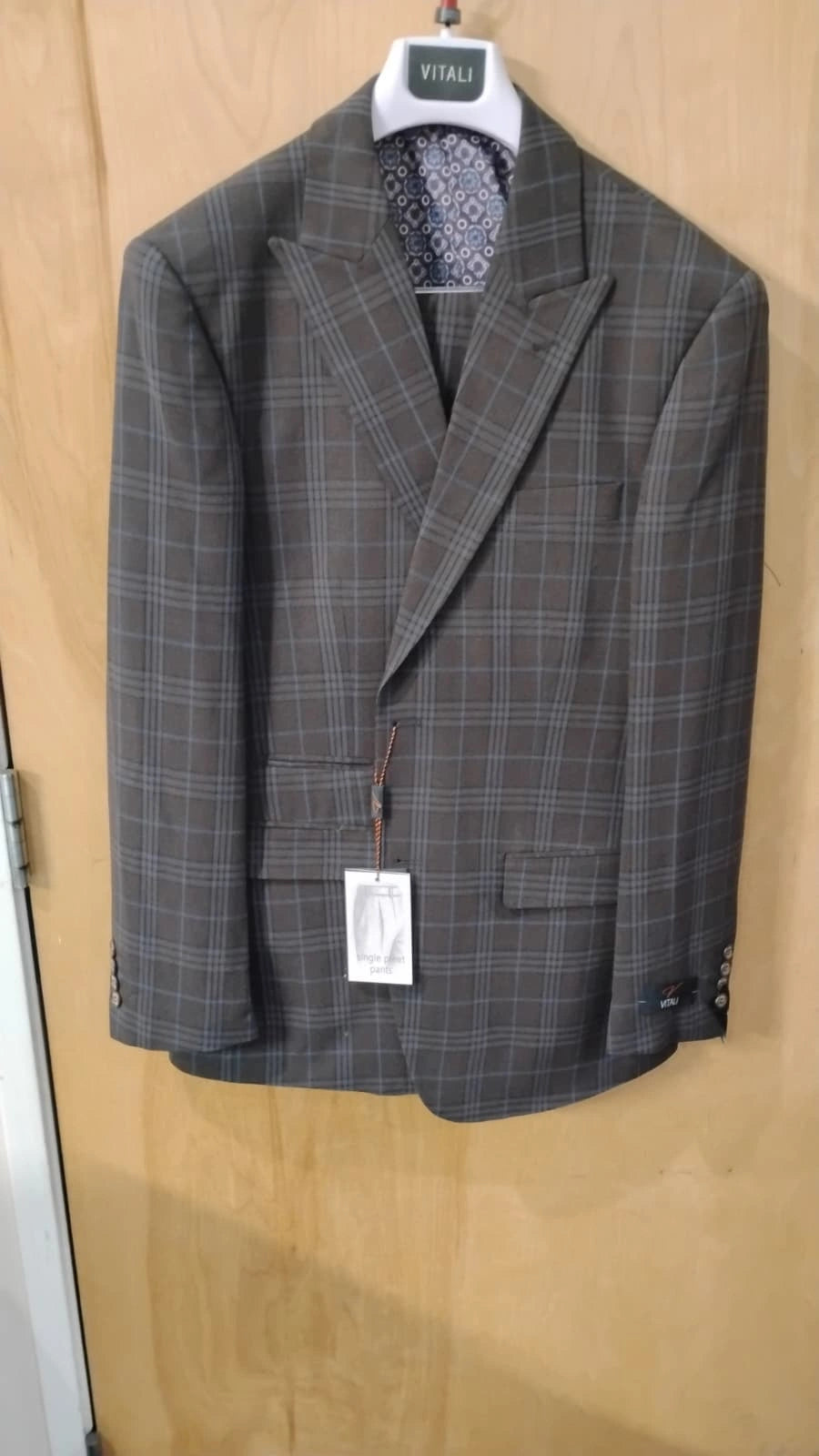 Vitali Men’s Brown Grey with blue Check 3 Piece Suit – Classic Plaid Formal Suit Set with Blazer, Vest & Trousers, Business Wedding Party Wear for Men Modern Fit - 34 Short or Extra Small