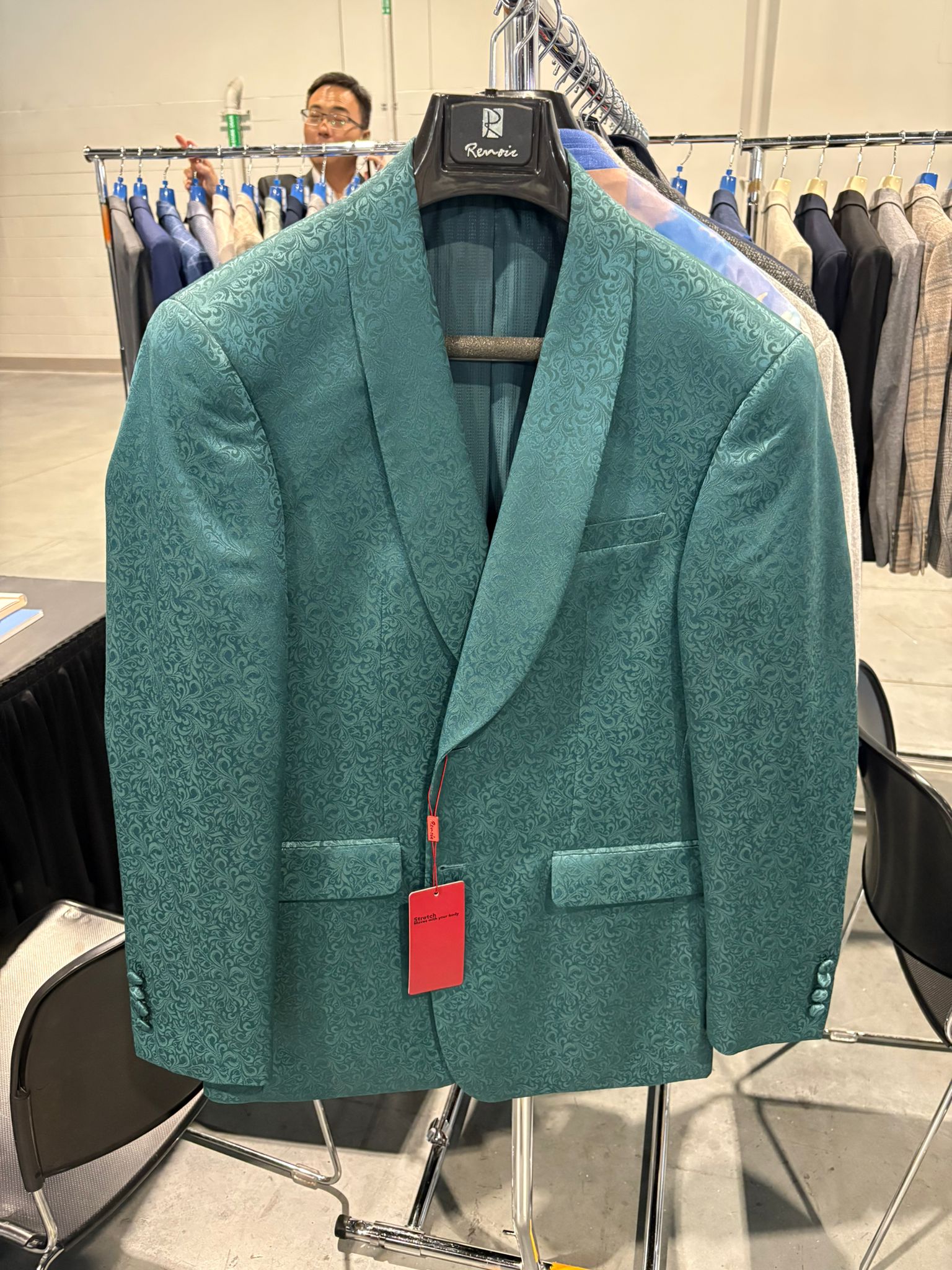 Menâ€™s Teal Green Floral Jacquard Blazer â€“ Slim Fit Tuxedo Jacket for Weddings, Proms, and Parties - 34 Short
