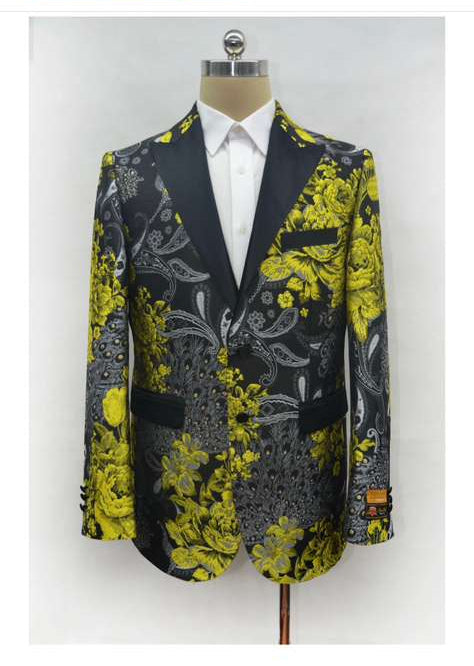 Mens Yellow Tuxedo Black and Gold Floral Pattern Blazer | Formal Jacket - Prom Dinner Jacket + Black Pants + Bowtie