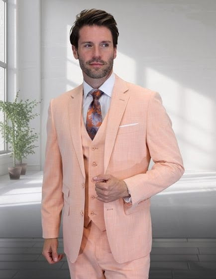 Men’s Light Peach 3 Piece Suit Set with Vest, Prom Wedding Dress Suit - 38 Short Jacket+32 Waist Adjustable 28to34)(Height: 5 4 to5 7 )(Neck  15-16.5)S-M)