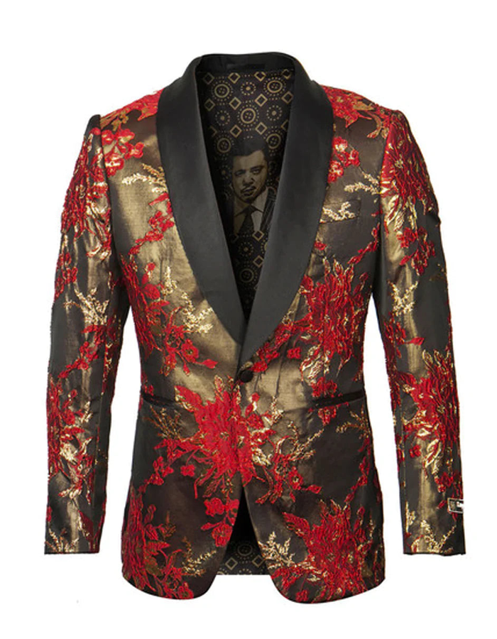 Mens Red and Gold Floral Pattern Paisley  Shawl Lapel | Luxury Evening and Party Wear Jacket Prom Christmas New Year Blazer