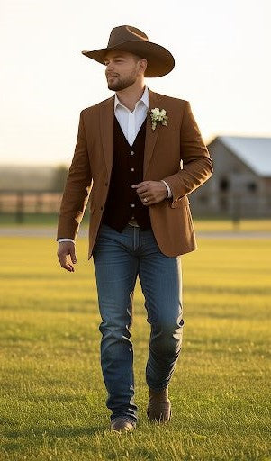 Mens Rust Copper Brown Western Blazer â€“ Cowboy Style Classic Tailored Jacket for Weddings, Rodeos and Country Events - 36 Short