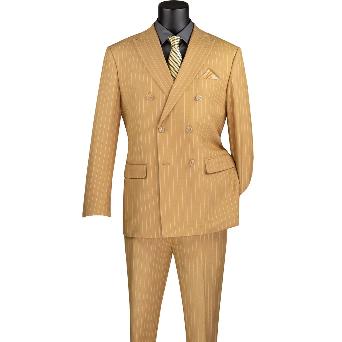 Mens Camel Tan Pinstripe Double-Breasted Suit – Bold 6-Button Modern Vintage Style - 34 Short or Extra Small