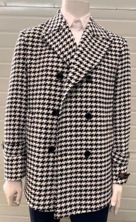 Mens Houndstooth Double-Breasted Overcoats – Classic Black and White Wool Blend Peacoat Wool Fabric - Coat Size 38