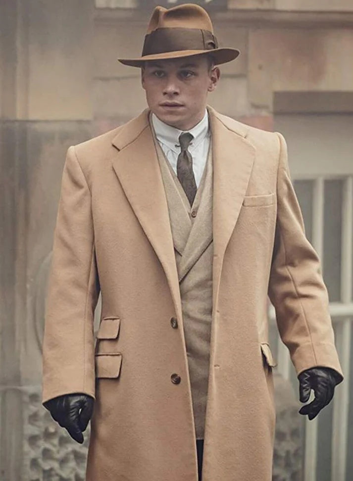 Men’s Cashmere & Wool Camel Beige Long Overcoat – Peaky Blinders Style Vintage Formal Coat + Suit + Hat Package - Coat Size 38