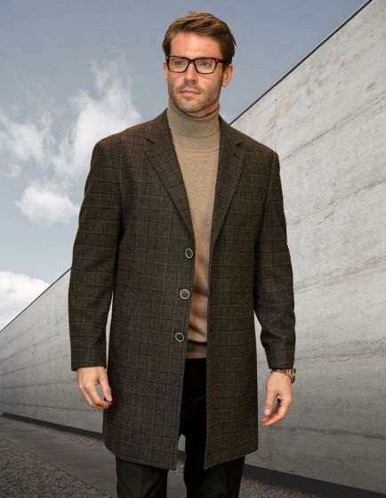 Mens Brown Checkered Wool Overcoat Long Winter Coat with Classic Plaid Pattern By Statement