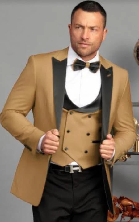 Men's Dark Camel Tan Khaki and Black Great Gatsby Tuxedo Suit Vintage 1920s Formal Wedding, Party and Event Wear
