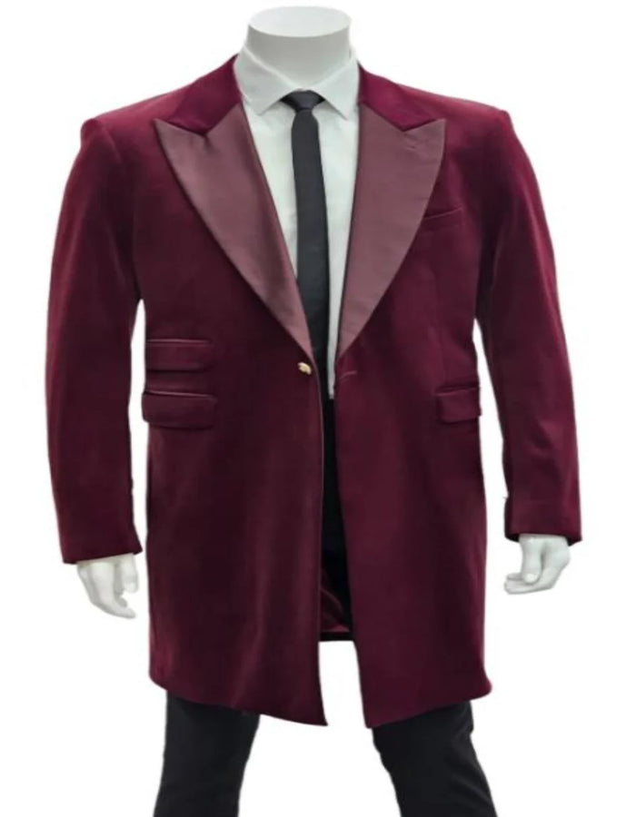 Mens Burgundy Tuxedo in  Velvet  Long Blazer Victorian Cutaway Tuxedo Suit 1920s Gangster Style Long Jacket with Black Pants