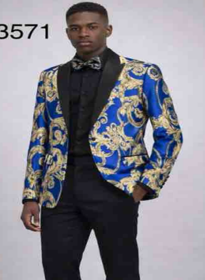 Men’s Royal Blue and Gold Blazer Jacket – Luxury Floral Pattern Tuxedo Blazer, Formal Party Wedding Dinner Jacket, Stylish Evening Wear - 36 Short