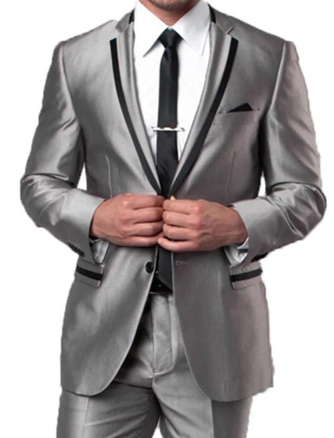 Men’s Silver Sharkskin Tuxedo Suit with Black Piping – Shiny Two Button Formal Suit for Wedding, Prom and Party Wear - 34 Short or Extra Small