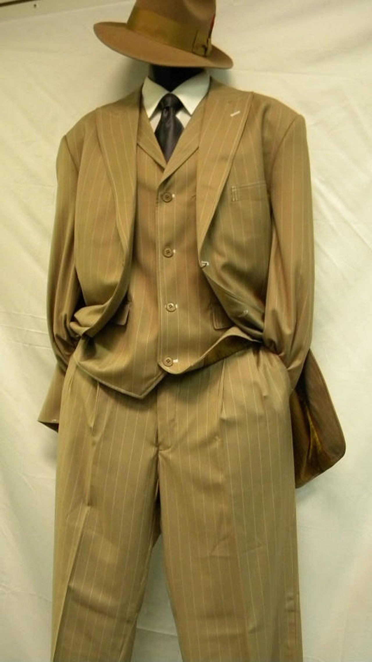 Mens Tan Pinstripe Zoot Suit – 1920s Gangster Vintage 3-Piece Suit with Wide-Leg Pants - 34 Short or Extra Small