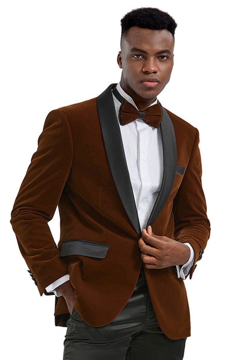 Men’s Brown Camel Bronze Velvet Tuxedo Jacket, Shawl Lapel Wedding Prom Dinner Blazer - Blazer Sportcoat - 36 Short