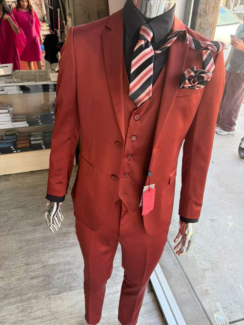 Men’s Rust Copper Coganc Shiny Sateen 3 Piece Suit, Vested Formal Wedding Prom Suit Set Ultra Slim Fit