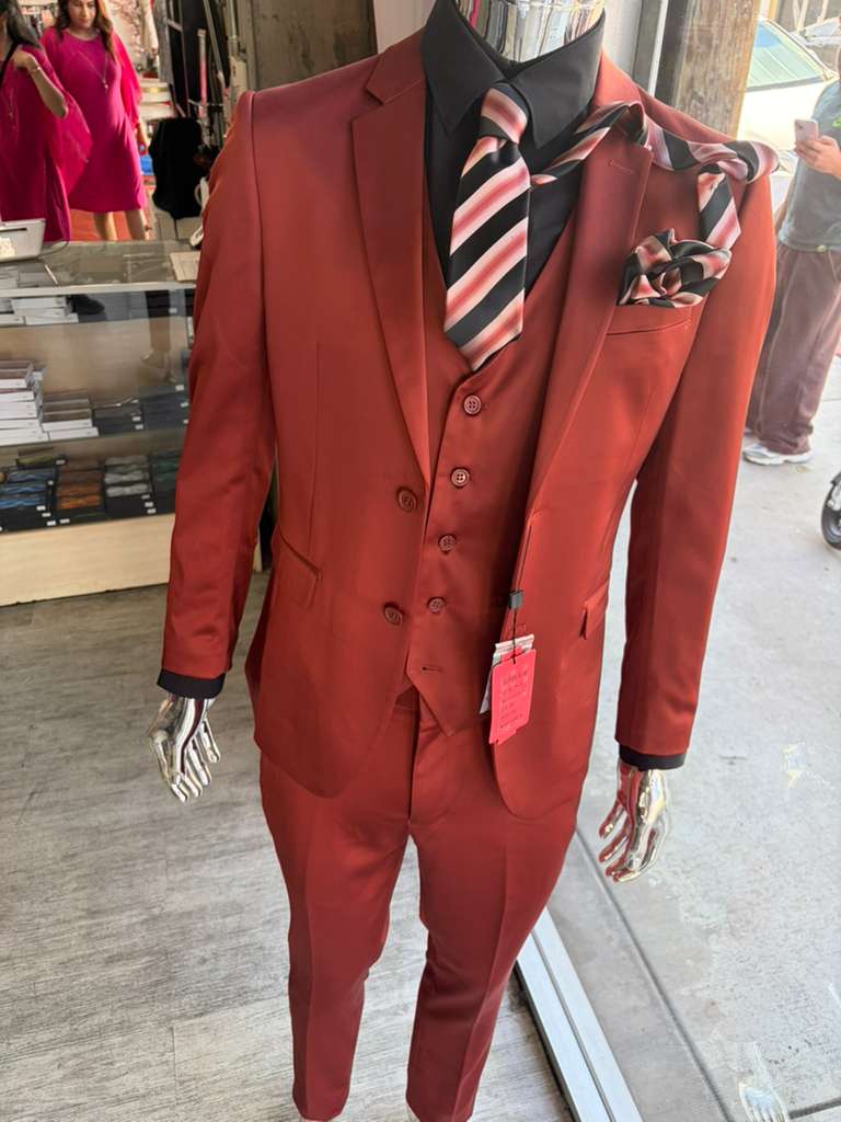 Men’s Rust Copper Coganc Shiny Sateen 3 Piece Suit, Vested Formal Wedding Prom Suit Set Ultra Slim Fit
