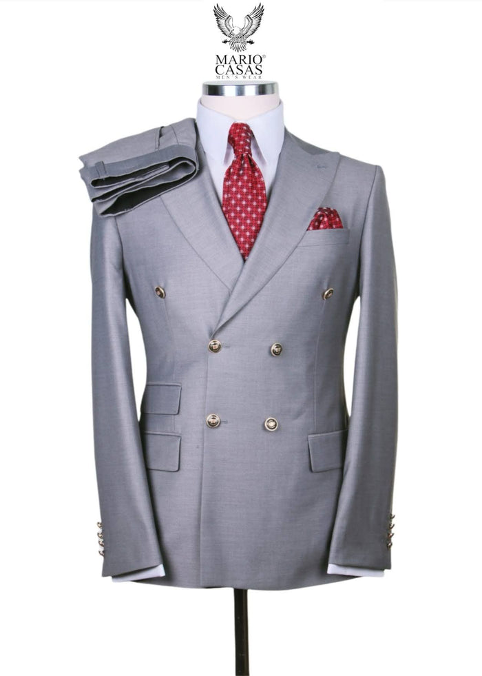 Mens Light Grey Double-Breasted Suit Classic Slim Fit Business and Wedding Formal Attire
