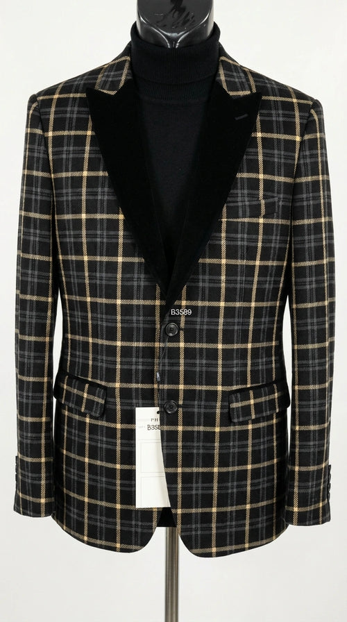 Mens Tartan Black and Gold Check Blazer – Windowpane Plaid Sport Coat Velvet Lapel Formal Party Jacket Chirsitmas New Year Holiday Jacket
