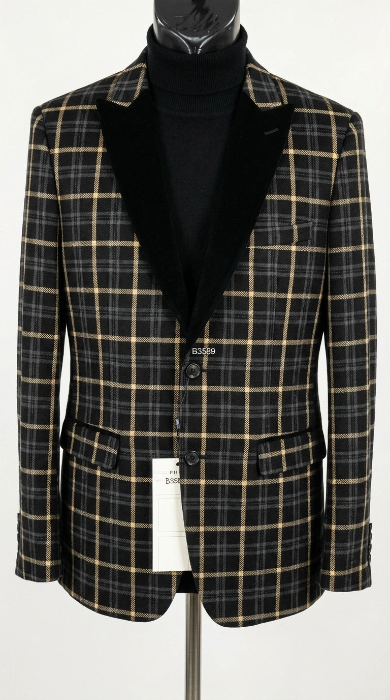 Mens Tartan Black and Gold Check Blazer – Windowpane Plaid Sport Coat Velvet Lapel Formal Party Jacket Chirsitmas New Year Holiday Jacket - 36 Short