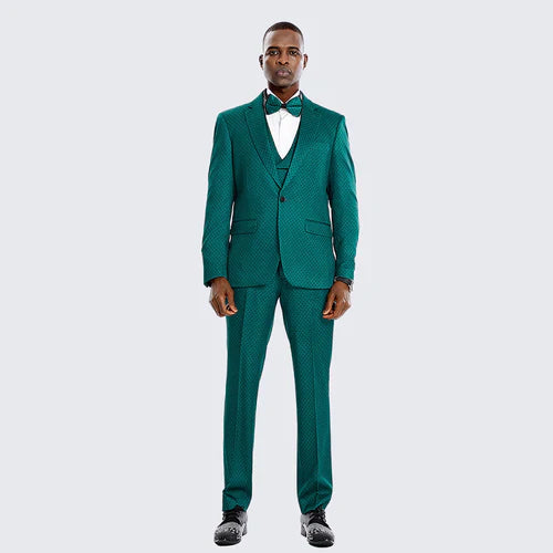 Men’s Emerald Green Textured 3-Piece Suit – Polk Dot Pattern Formal Wedding, Prom, and Evening Wear Outfit - 34 Short or Extra Small