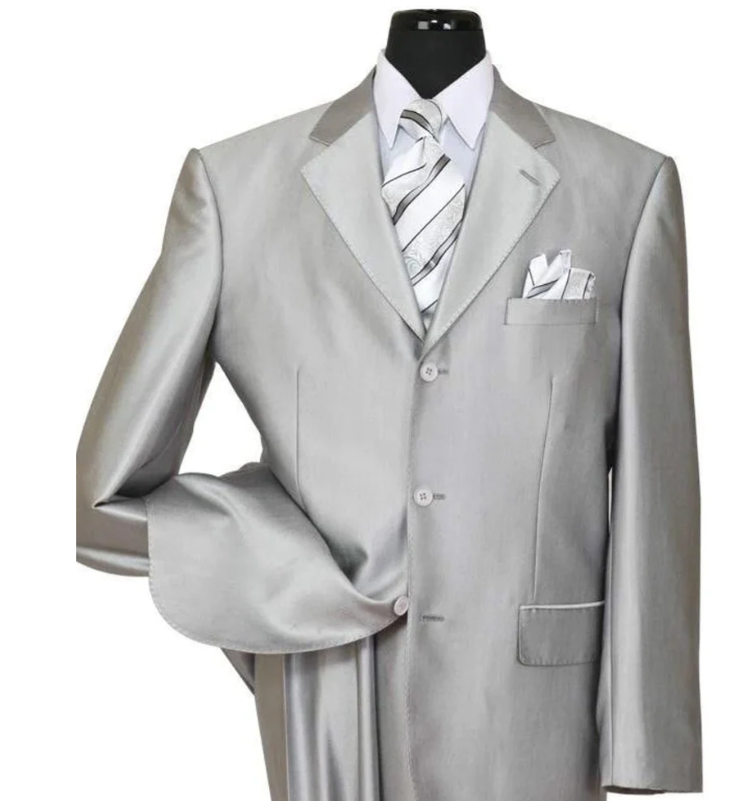 Men’s Silver Grey Sharkskin Suit – 3 Button Classic Fit Shiny Formal Suit for Wedding, Business and Party Wear - 34 Short or Extra Small