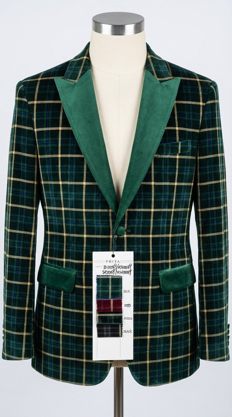 Mens Tartan Green and Gold Check Blazer – Windowpane Plaid Sport Coat Velvet Lapel Plaid Christmas Holiday New Year Jacket